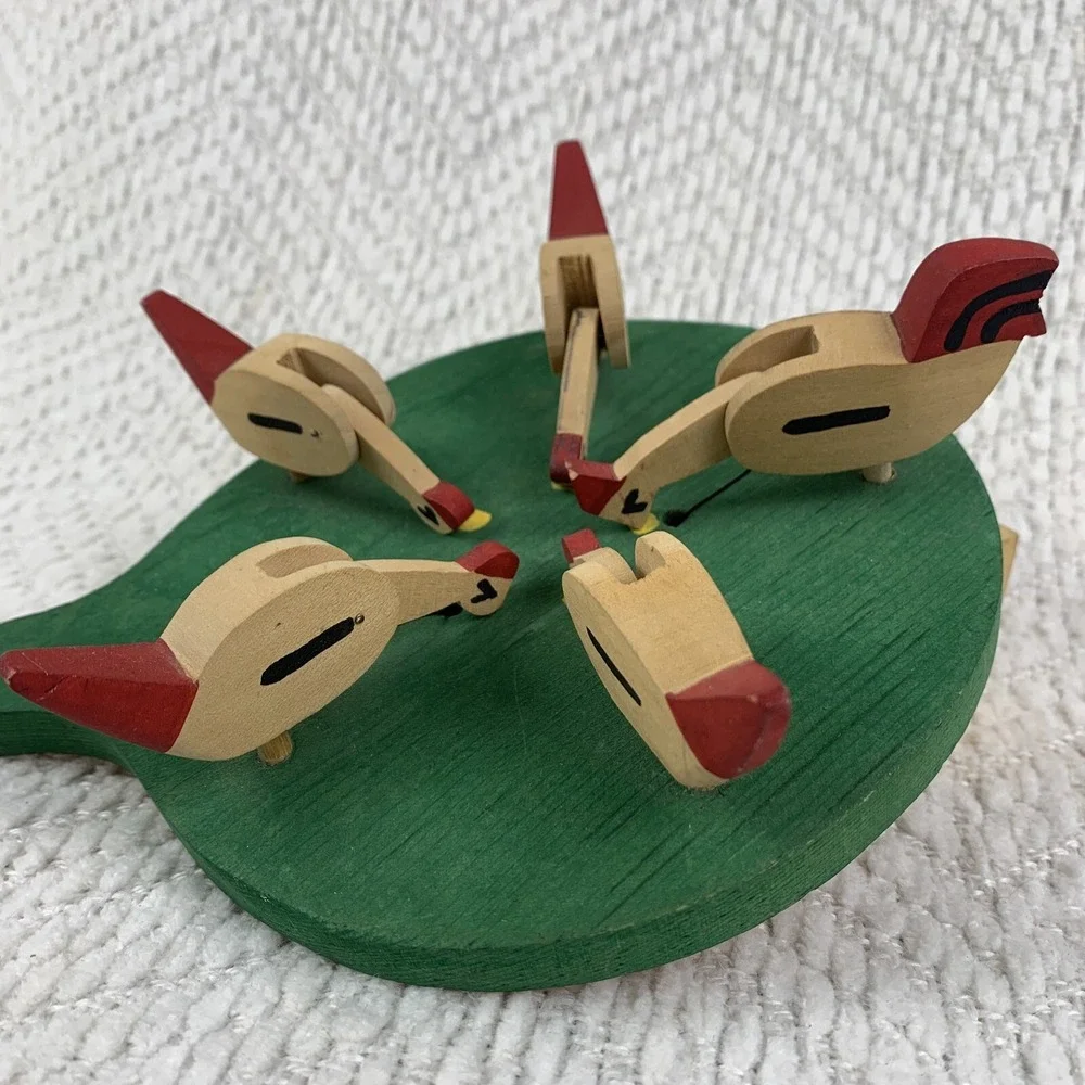 Folk Art Hand Painted Wooden Handmade Vintage Pecking Chickens Motion Paddle Toy
